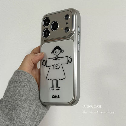 【グッズ】ins風 シンプル ガール / ボーイ 大窓 iPhone17 Pro Max対応 iPhone17 / 16 Pro Max / 16 / 15 Pro / 14対応 電鍍 全面保護 耐衝撃 カップル向け ソフトケース