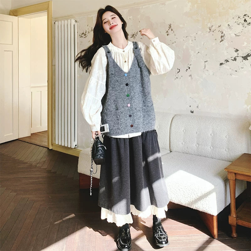 3点セット！【セットアップ】春新作 森ガール風 ニットベスト＋シャツ＋スカート 3点 上下セット 気質アップ＆若見えコーデ【JZシリーズ】