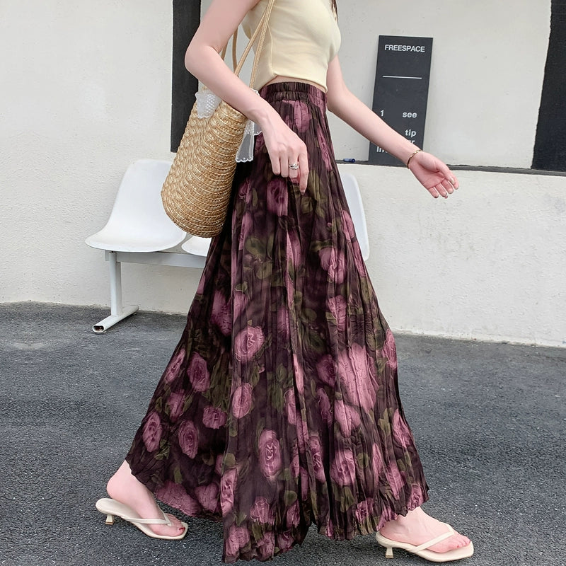 【ボトムス】ウエストゴム コーデしやすい ハイウエスト ロングスカート プリーツ 脚長効果Aラインスカート【SHシリーズ】