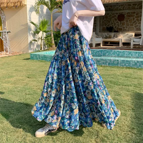 【ボトムス】ボヘミアン風 フレンチ油絵 プリント 大振裾 スカート 【SHシリーズ】