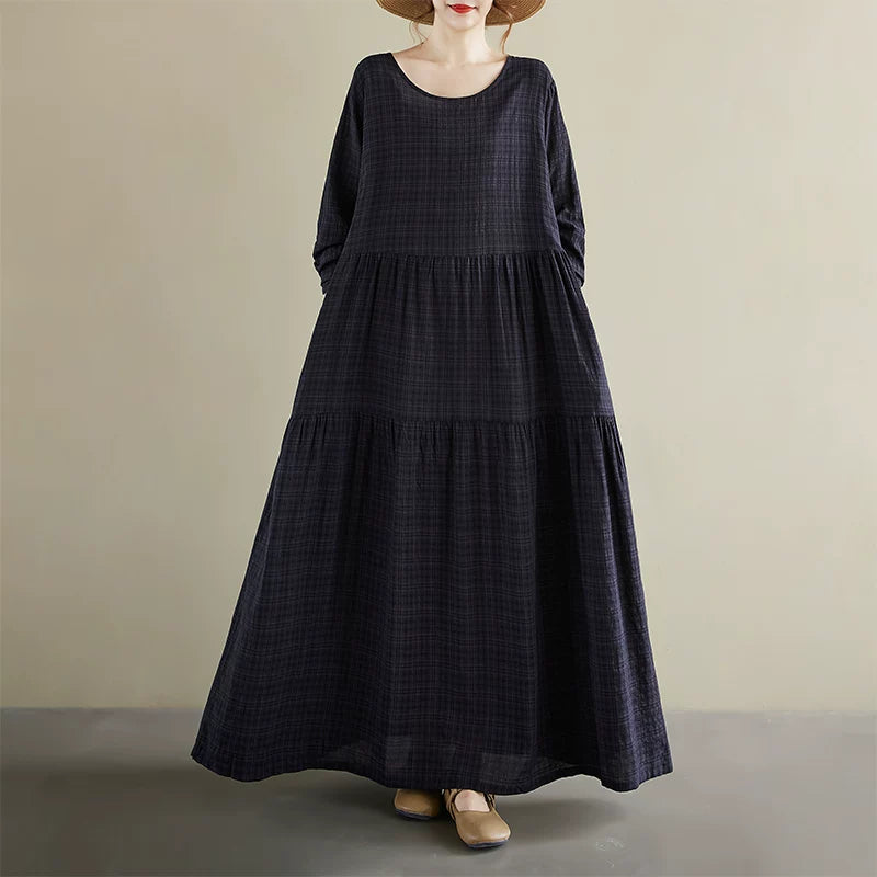 【60%OFF⭐️早い者勝ち】【ワンピース】レトロ  ラウンドネック 長袖 ワンピース ゆったり 体型カバー 大きいサイズ【AHシリーズ】