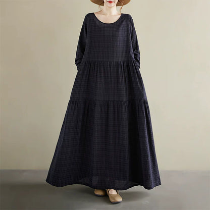 【60%OFF⭐️早い者勝ち】【ワンピース】レトロ  ラウンドネック 長袖 ワンピース ゆったり 体型カバー 大きいサイズ【AHシリーズ】