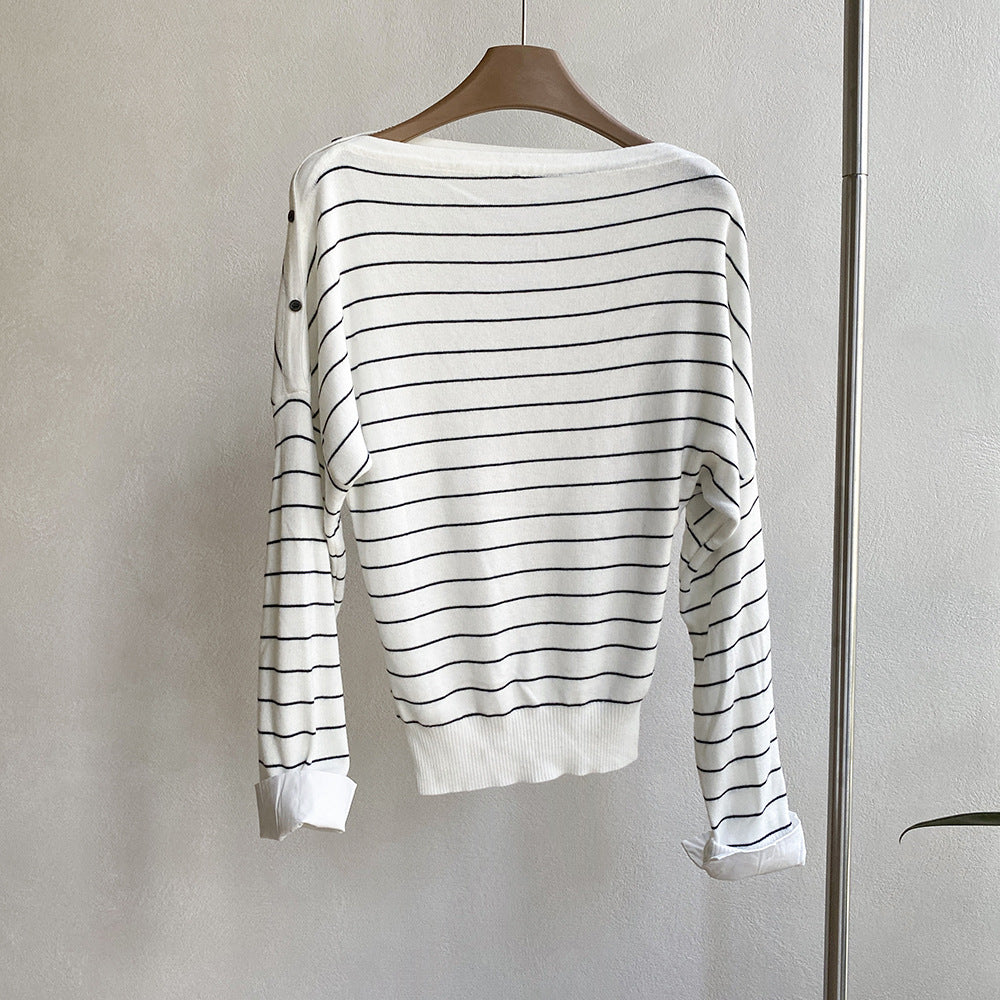 【トップス】オフショルボーダーニットＴシャツ レディース 肩見せ ゆったりシルエット レイヤード 秋トップス【JZシリーズ】
