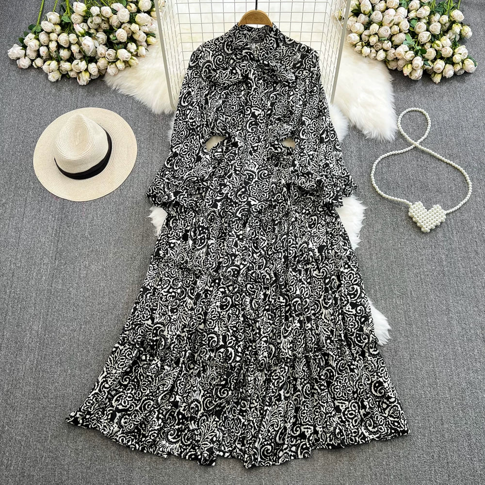 【ワンピース】シングルボタン プリント レディライク フレア 長袖 ワンピース 【SHシリーズ】