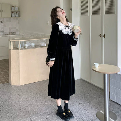 【ワンピース】オードリー風 レース 長袖ワンピース レディース 秋冬 上品 レトロ 細見え ロングドレス【JZシリーズ】