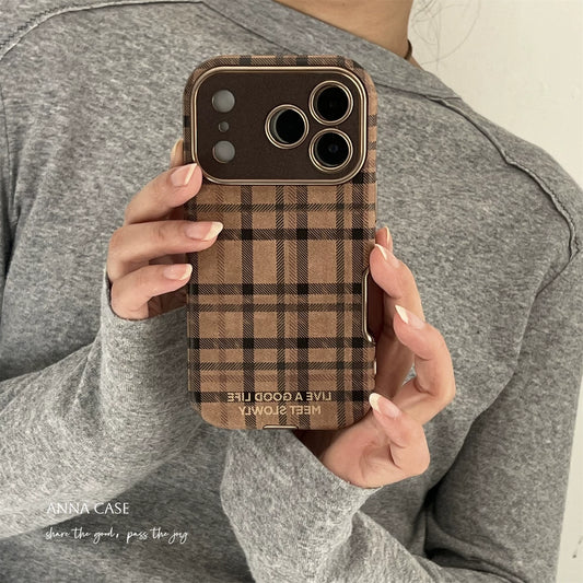 【グッズ】新作 ins風 レトロ 学院風 ブラウンチェック 大窓 iPhone17 Pro Max対応 iPhone17 / 16 Pro Max / 15 Pro / 14対応 全面保護 耐衝撃 男女兼用 ケース