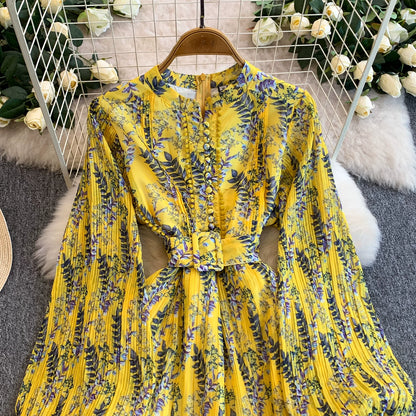 【ワンピース】スタンドカラー リボン付き Aライン プリント プリーツ 長袖 ワンピース 【SHシリーズ】