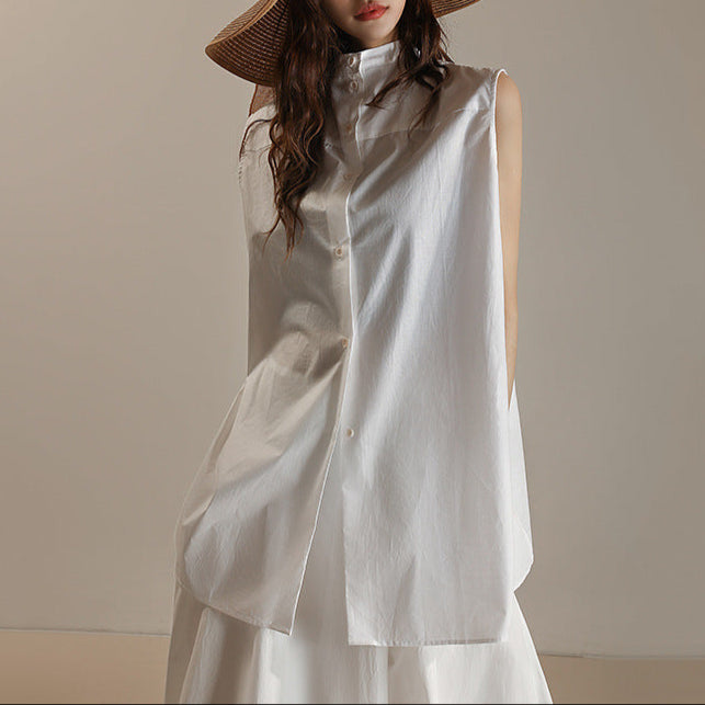 【トップス】夏 前後着用可能 ノースリーブ スタンドネック シャツ