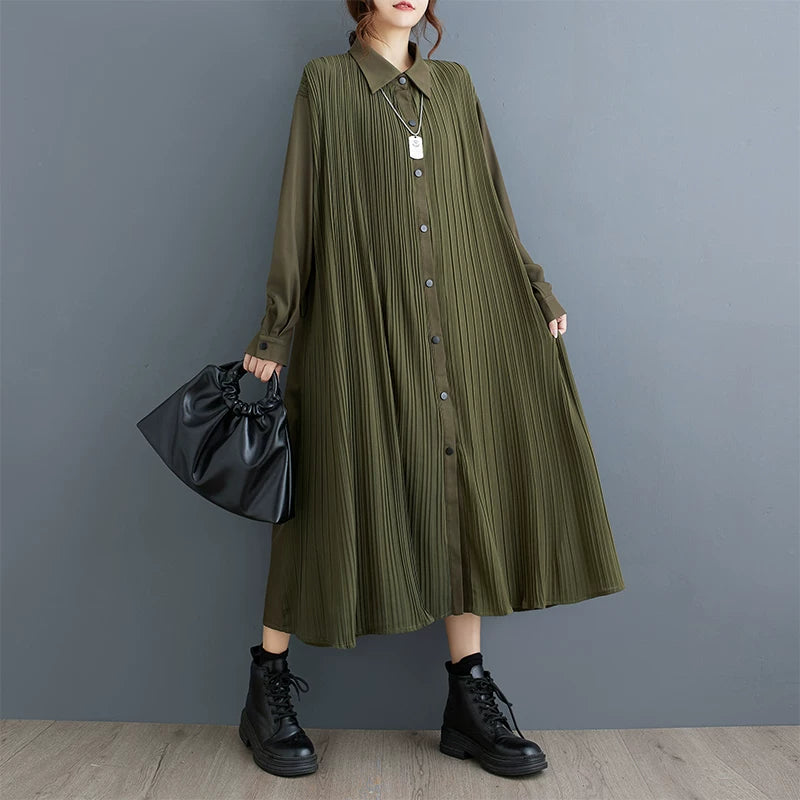 【ワンピース】ダーク系 無地 切替 プリーツ 長袖 シャツワンピース ゆるシルエット 垂れ感【AHシリーズ】