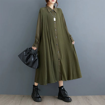 【ワンピース】ダーク系 無地 切替 プリーツ 長袖 シャツワンピース ゆるシルエット 垂れ感【AHシリーズ】