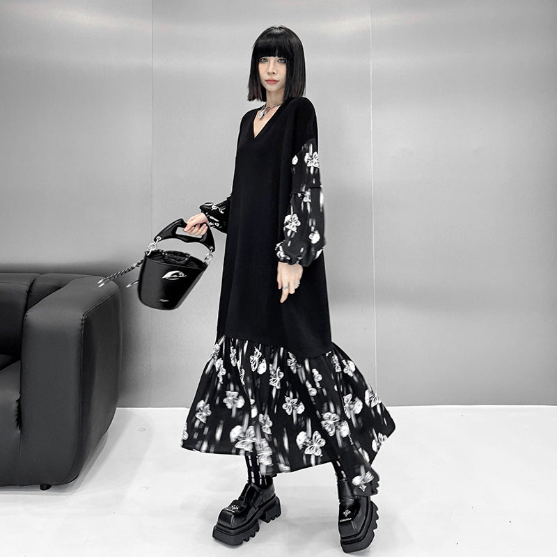 【ワンピース】おしゃれ フェイクレイヤード 切り替えVネックニット 長袖ワンピース ゆったりデザイン Aライン【AHシリーズ】