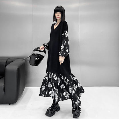 【ワンピース】おしゃれ フェイクレイヤード 切り替えVネックニット 長袖ワンピース ゆったりデザイン Aライン【AHシリーズ】