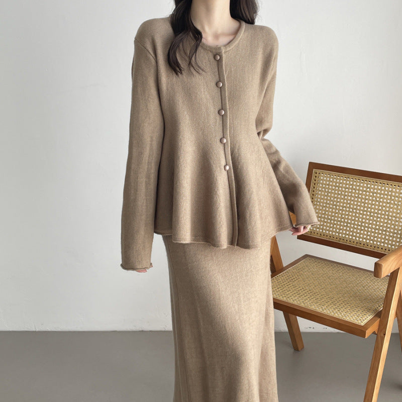 【セットアップ】春 秋 冬 ニットカーディガン + フロア丈 ロングスカート 2点上下セット 【SNシリーズ】