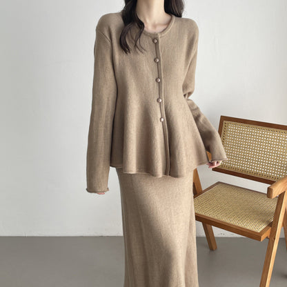 【セットアップ】春 秋 冬 ニットカーディガン + フロア丈 ロングスカート 2点上下セット 【SNシリーズ】