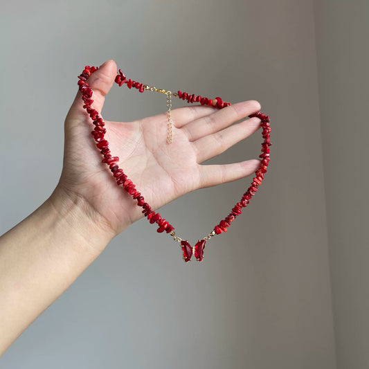 【🎁 B2G1｜先行スタート！】【グッズ】レッドコーラルチップネックレス｜中古｜軽奢＆個性派｜高級感ある万能鎖骨チェーン レディース