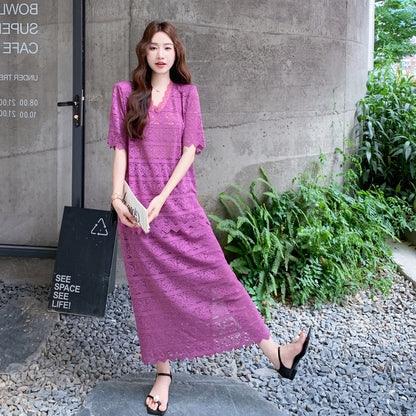 2点セット！【セットアップ】通勤気質  Vネックレース透かし彫りトップス＋万能ハイウエストスカート上下セット【SNシリーズ】