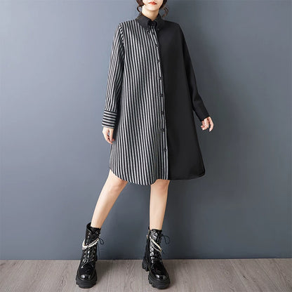 【ワンピース】ダークデザイン 無地×ストライプ 切替 長袖 ワンピース ゆったり【AHシリーズ】