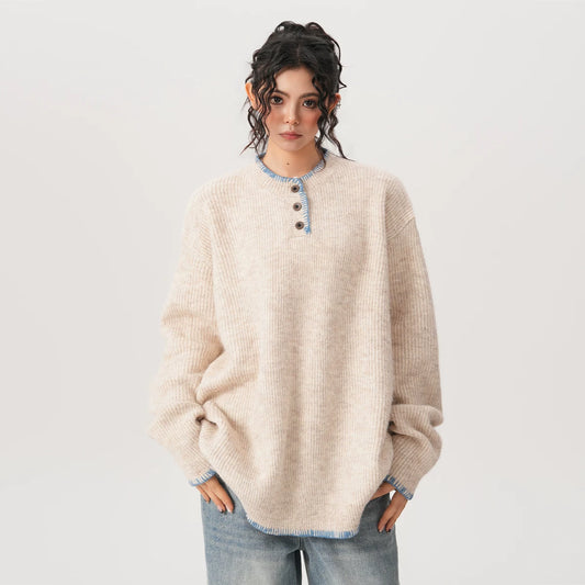 【トップス】ヘンリーネック ニットセーター ユニセックス対応 秋冬 ヴィンテージムード ゆったりシルエット カップルコーデ【FCシリーズ】