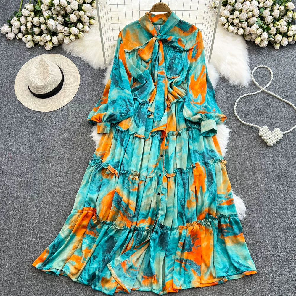 【ワンピース】シングルボタン プリント レディライク フレア 長袖 ワンピース 【SHシリーズ】