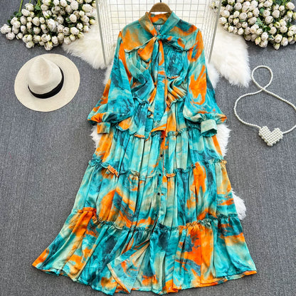 【ワンピース】シングルボタン プリント レディライク フレア 長袖 ワンピース 【SHシリーズ】