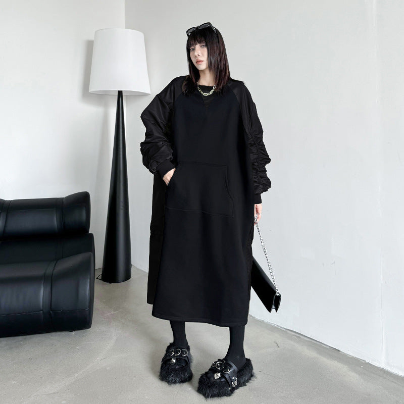 【ワンピース】春 秋 冬 クルーネック プリーツ配色切替 長袖 ワンピース 【AHシリーズ】