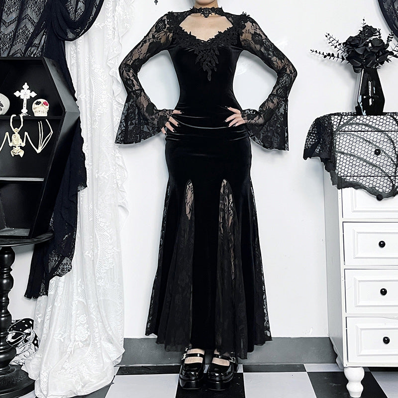 【ハロウィン】 2色展開 ダークレース 暗黒系 レース 透け感 細見せマーメイド ワンピース セクシー ロングスリーブ ドレス