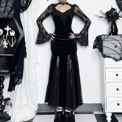 【ハロウィン】 2色展開 ダークレース 暗黒系 レース 透け感 細見せマーメイド ワンピース セクシー ロングスリーブ ドレス