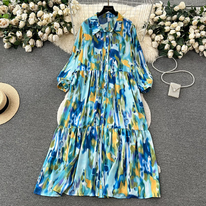 4カラー【ワンピース】個性派 グラデーション柄 長袖 ゆったりシルエット 体型カバー Aライン フレア シャツワンピース レディース ワンピース【SHシリーズ】