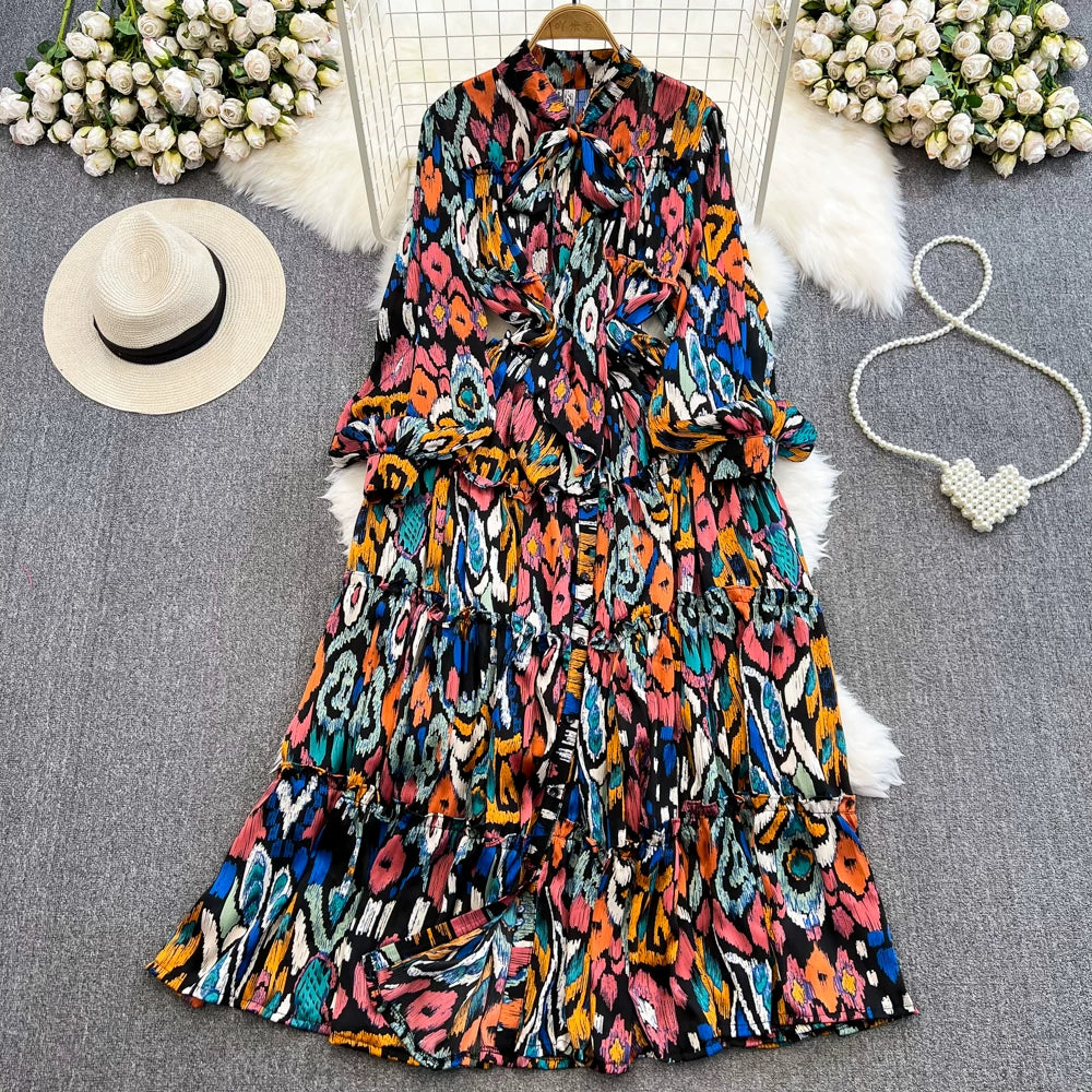 【ワンピース】シングルボタン プリント レディライク フレア 長袖 ワンピース 【SHシリーズ】