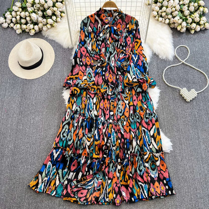 【ワンピース】シングルボタン プリント レディライク フレア 長袖 ワンピース 【SHシリーズ】