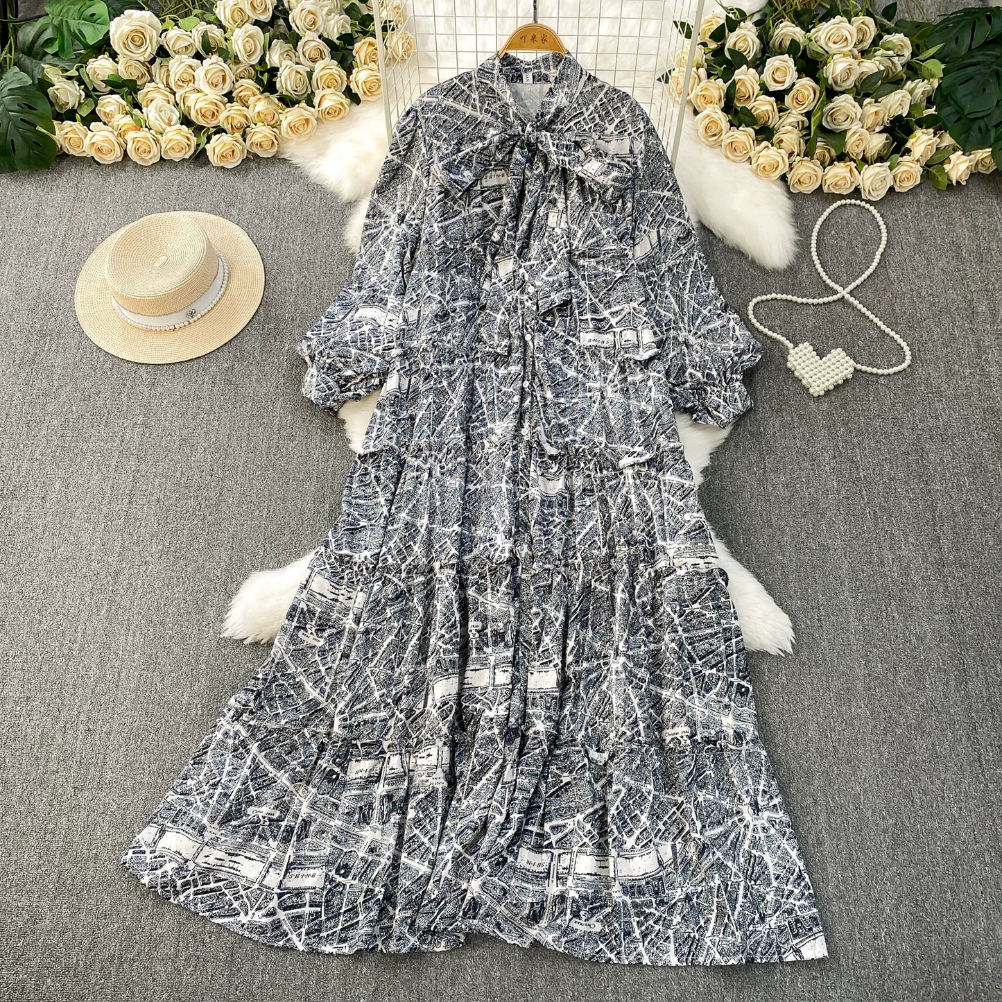 【ワンピース】プリントVネック お腹周りカバー フリル 長袖 ワンピース 【SHシリーズ】