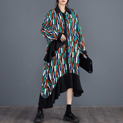 【ワンピース】大きいサイズ プリント 切替 長袖 シャツワンピース 春秋 体型カバー【SHシリーズ】