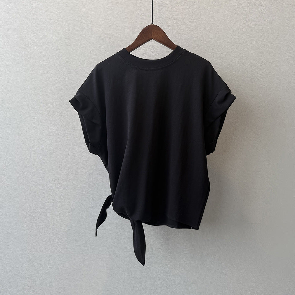 【トップス】夏新作 フレンチカジュアル 細見えシルエット リボンデザイン クルーネック半袖Tシャツ【JZシリーズ】