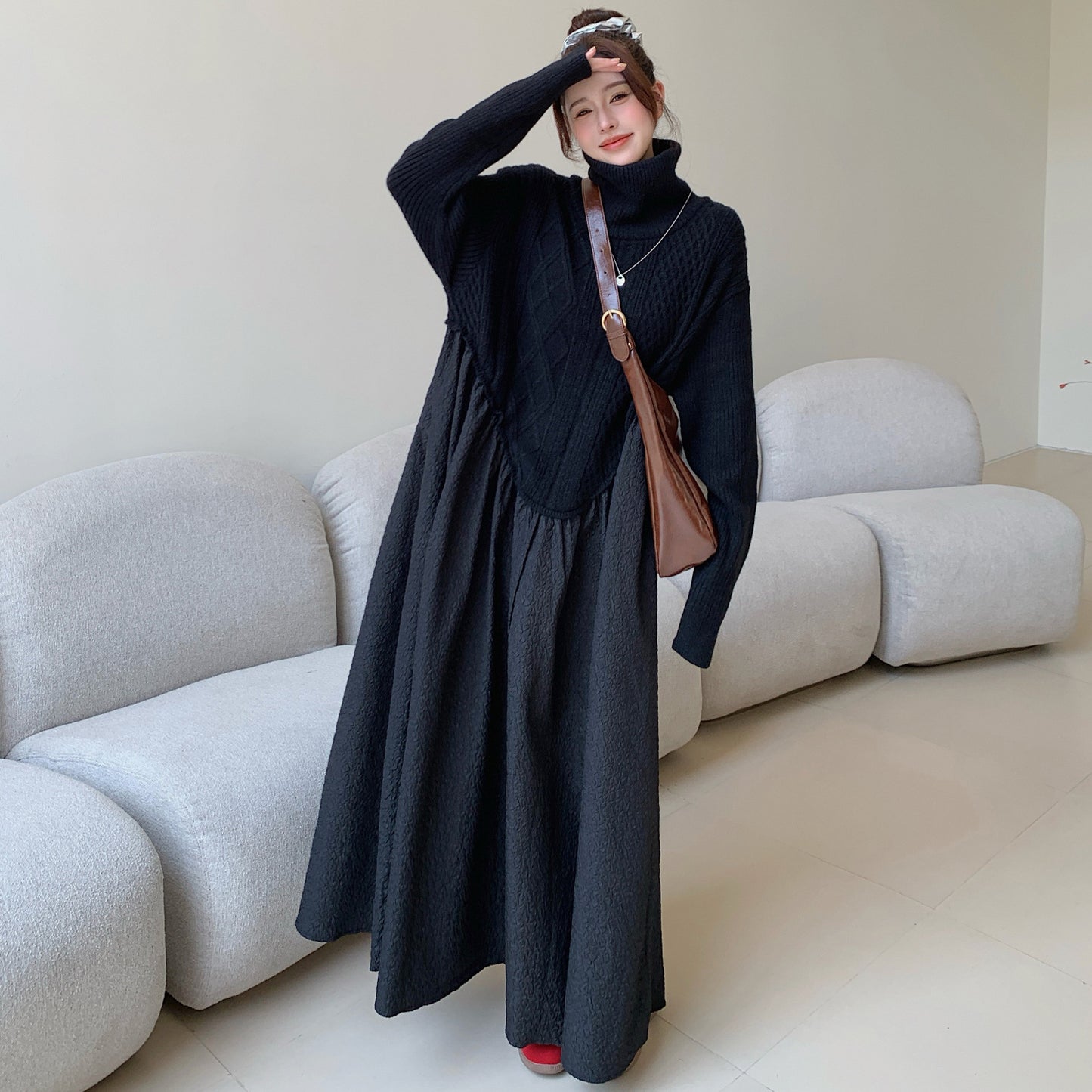 【24AW】【ワンピース】ニット 切り替え ロング 長袖 ワンピース