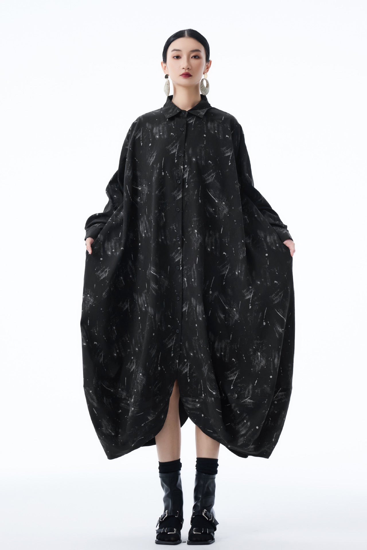 【ワンピース】春 秋 冬 体型カバー プリント 長袖 ワンピース 【AHシリーズ】