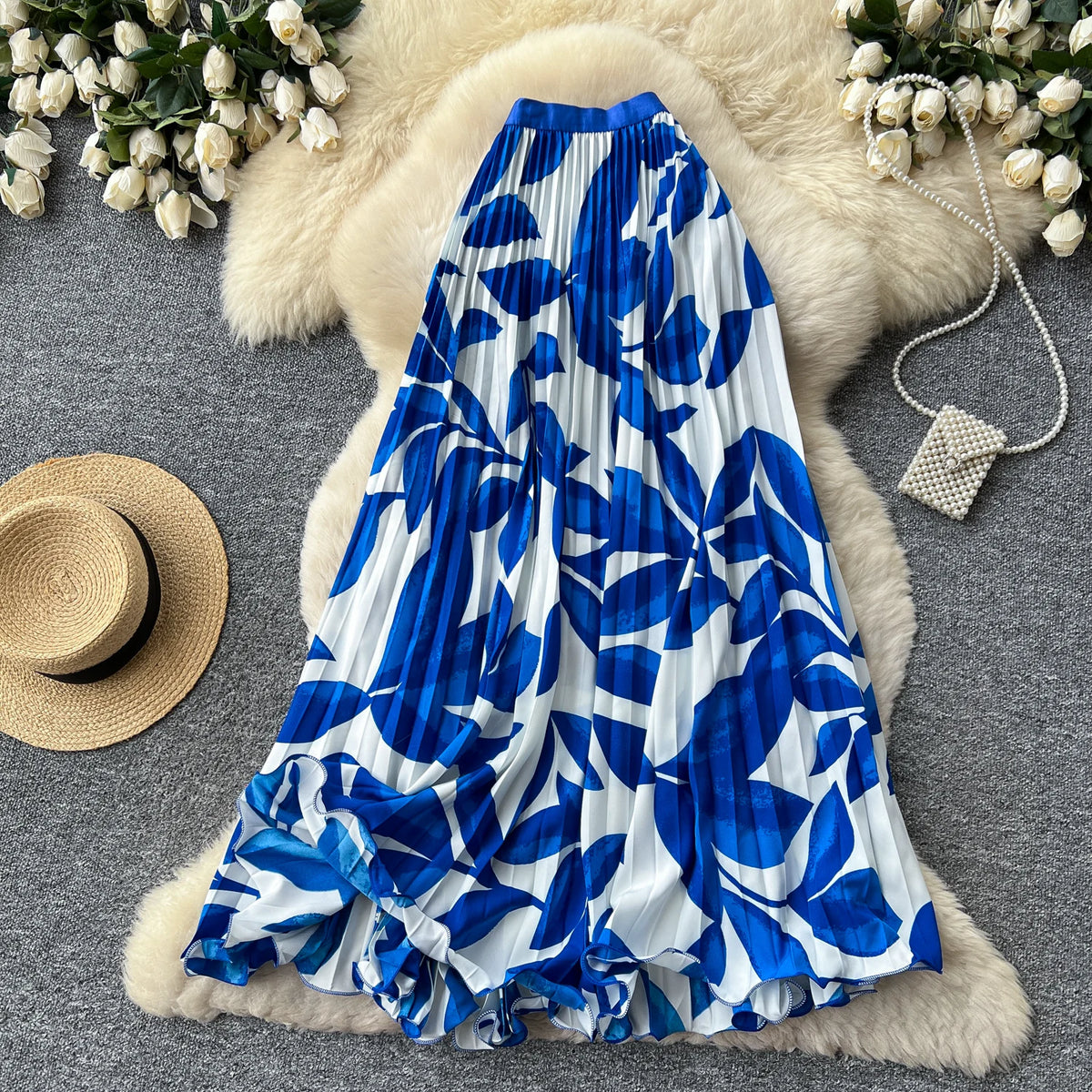 期間限定🍂60%OFF【ボトムス】フレンチ風プリントAラインプリーツスカート レディース 夏新作 ハイウエスト ミモレ丈 美シルエット 通勤 リゾート【SHシリーズ】
