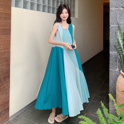 【ワンピース】夏新作 デザイナーズ風 上品 ノースリーブワンピース ハイウエスト 高見え配色 着痩せシルエット【SHシリーズ】