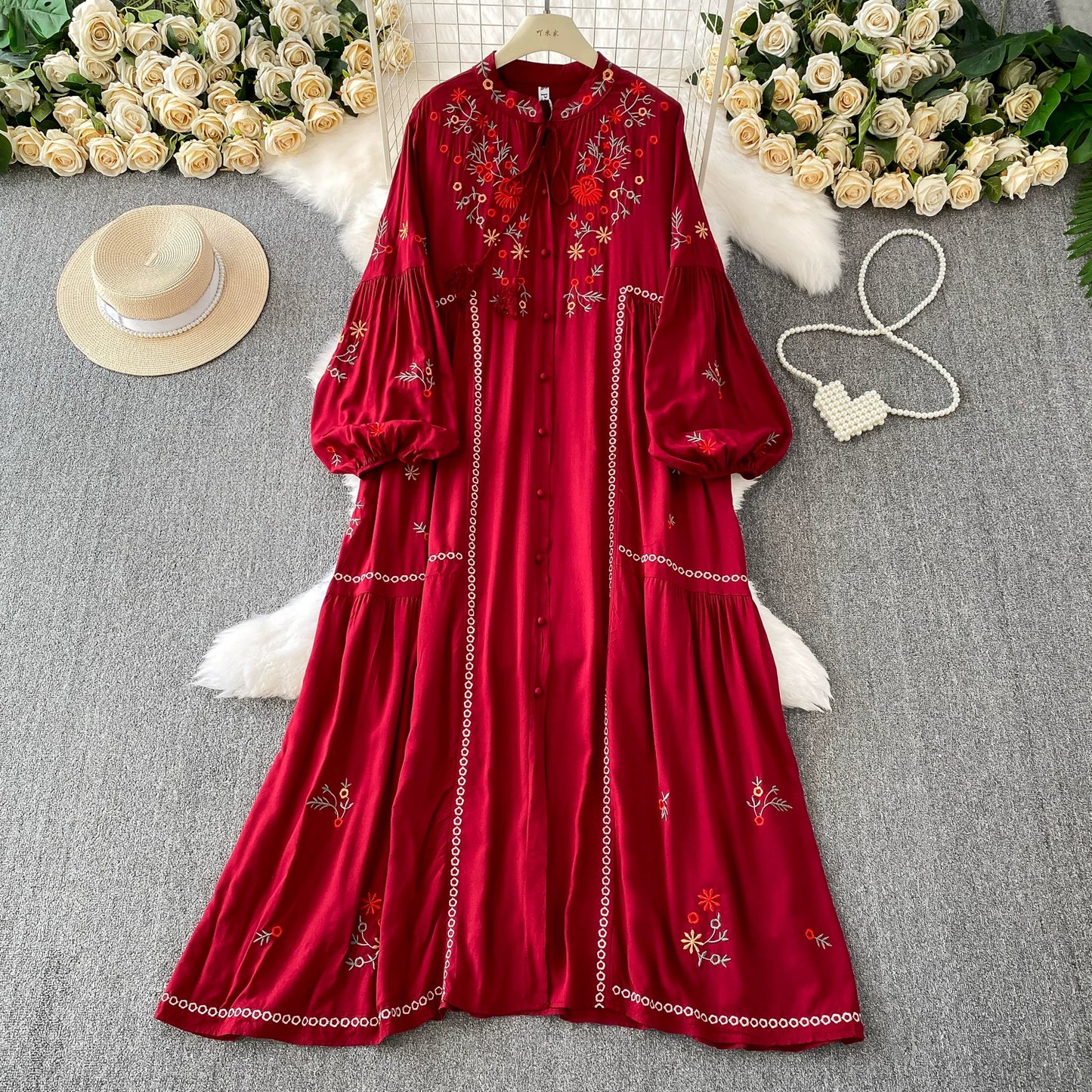 【60%OFF⭐️早い者勝ち】【ワンピース】刺繍 バルーンスリーブ エレガント 長袖 ワンピース 【SHシリーズ】