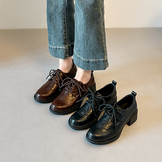 【シューズ】レトロ 厚底 チャンキーヒール ソフトレザー ローファー レディース シューズ パンプス