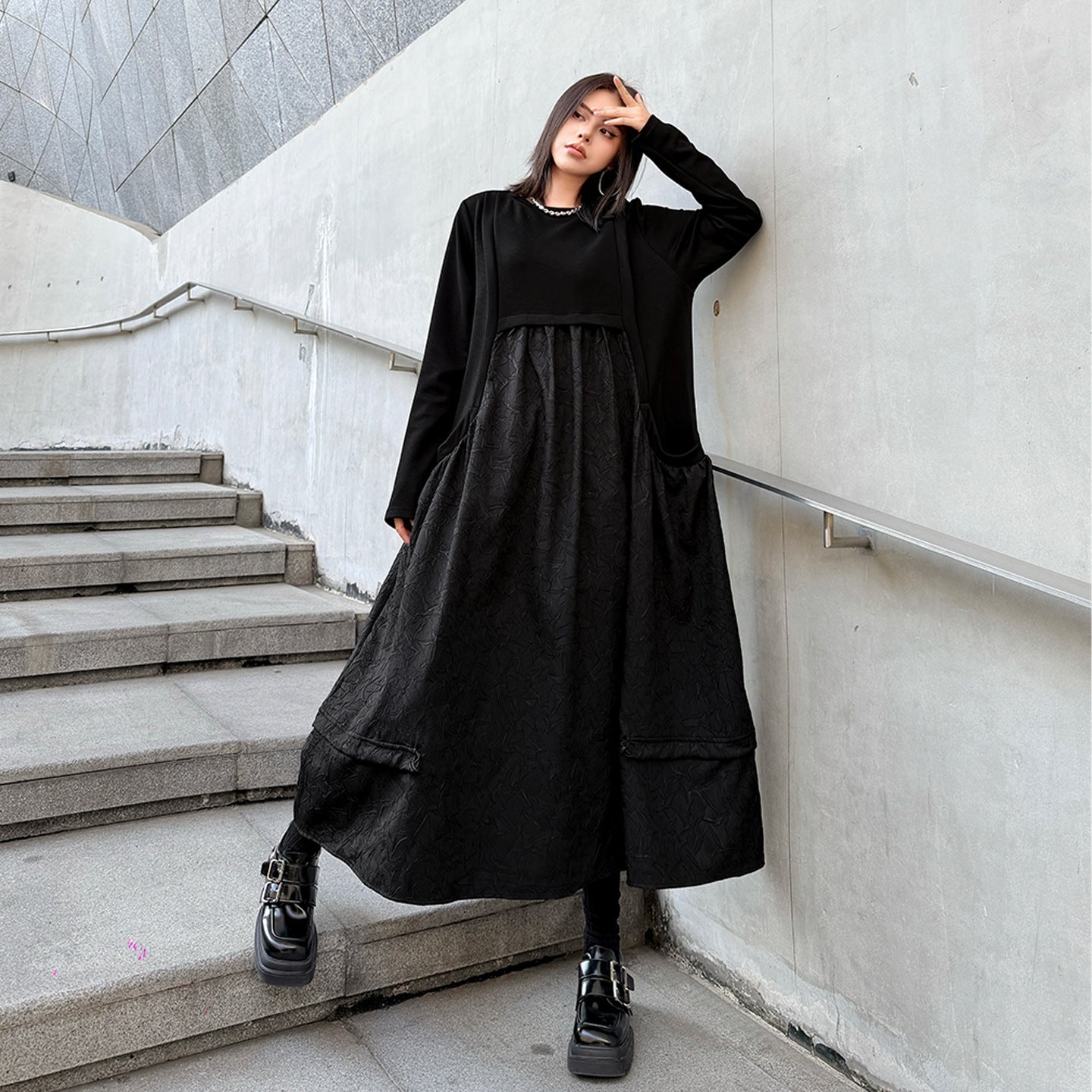 【ワンピース】ドローストリング付き ゆったりとした 春 秋 冬 切り替え 長袖 ワンピース 【AHシリーズ】