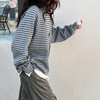 【トップス】春秋 韓国風 高級感 配色 しま模様 パーカー【SNシリーズ】