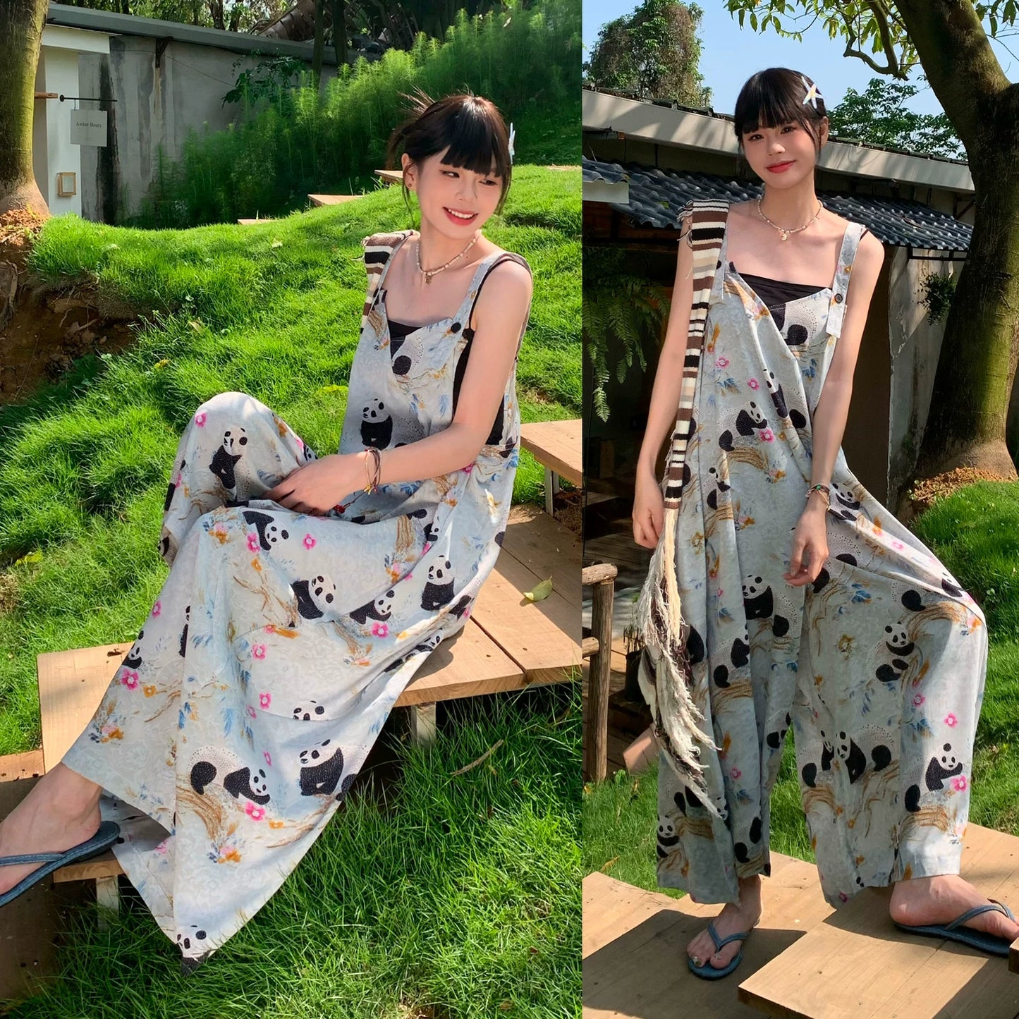 熊貓印花吊帶連身褲｜夏季寬鬆闊腿褲｜休閒減齡連體褲【SH系列】