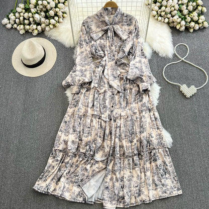 【ワンピース】シングルボタン プリント レディライク フレア 長袖 ワンピース 【SHシリーズ】