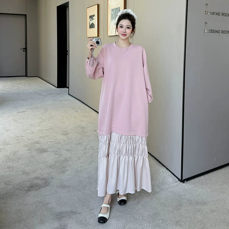 【ワンピース】プリーツ切替スウェットロングワンピース レディース 2026秋冬新作 韓国風 ゆったり 体型カバー 大人カジュアル【JZシリーズ】