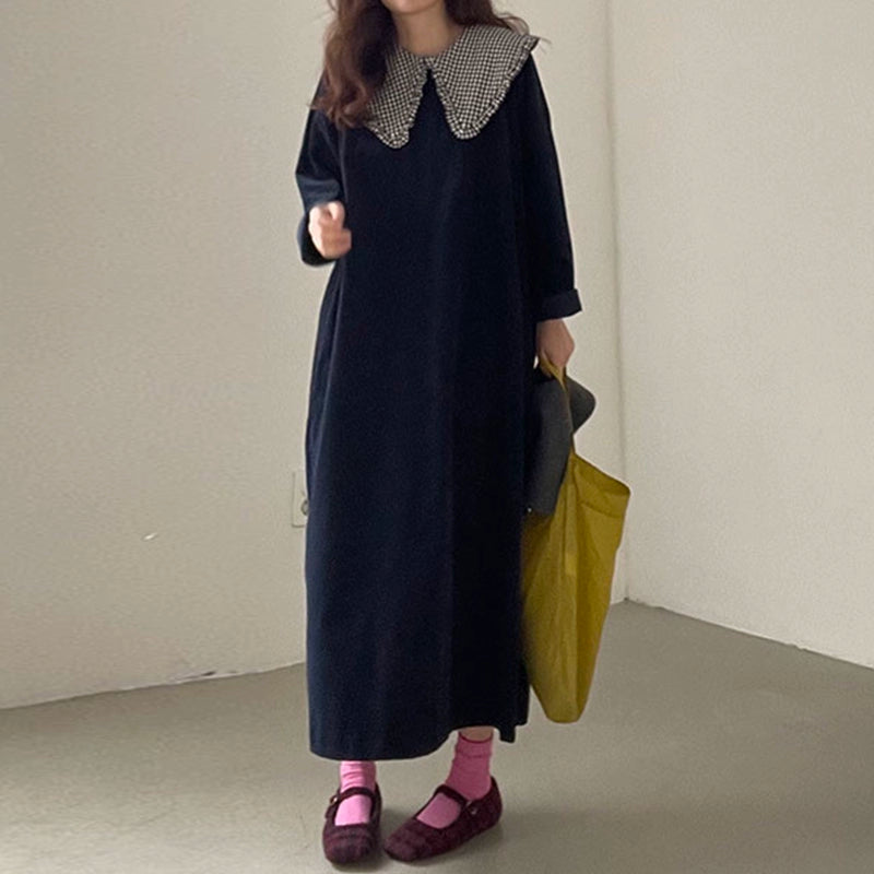 【24AW】【ワンピース】チェック柄 ドールカラー 切り替え 配色 ゆったり長袖ワンピース