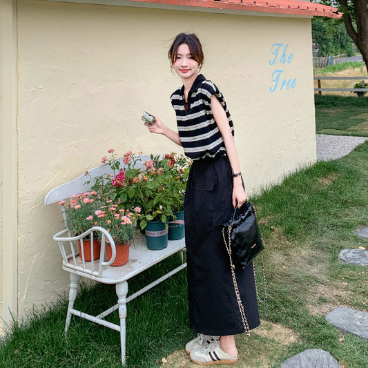 2点セット！【セットアップ】ストライプポロシャツ＋カーゴスカート 夏 カジュアル 上下セットアップ 【JZシリーズ】