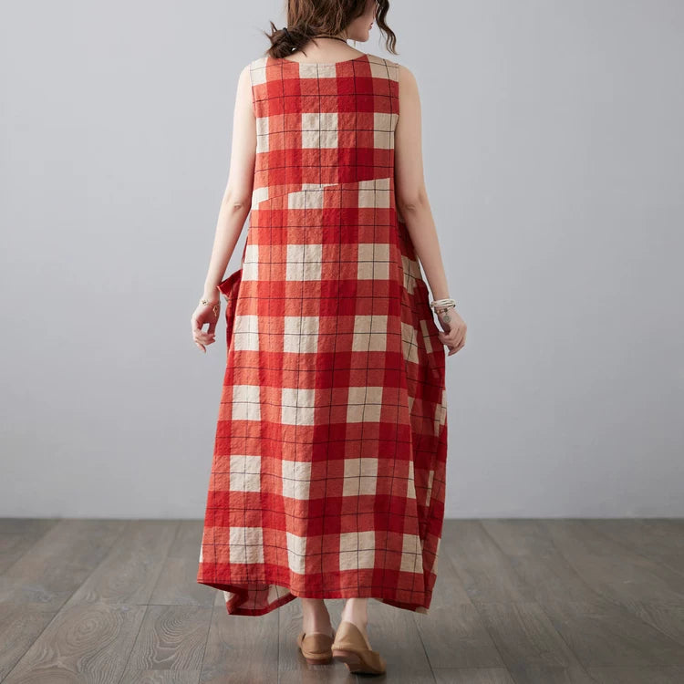 【ワンピース】レトロ風 ノースリーブ チェックワンピース レディース 夏 ロング丈 ゆったりシルエット ナチュラル【JZシリーズ】