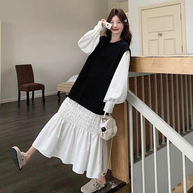 【ワンピース】レイヤード風 スウェットワンピース レディース ゆったり 体型カバー カジュアル ロング丈 長袖ワンピース 冬向け【JZシリーズ】