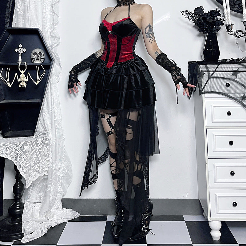 【ハロウィン】コスプレ セクシー ガール コスチューム カラーブロック 気質 タイト ウエストシェイプ ハイネック キャミソール＋ミニスカート