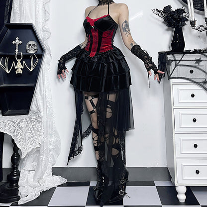 【ハロウィン】コスプレ セクシー ガール コスチューム カラーブロック 気質 タイト ウエストシェイプ ハイネック キャミソール＋ミニスカート